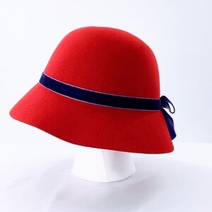 Liz Claiborne Wool Felt Cloche Hat Red Split Back Velvet Bow Flapper One Size